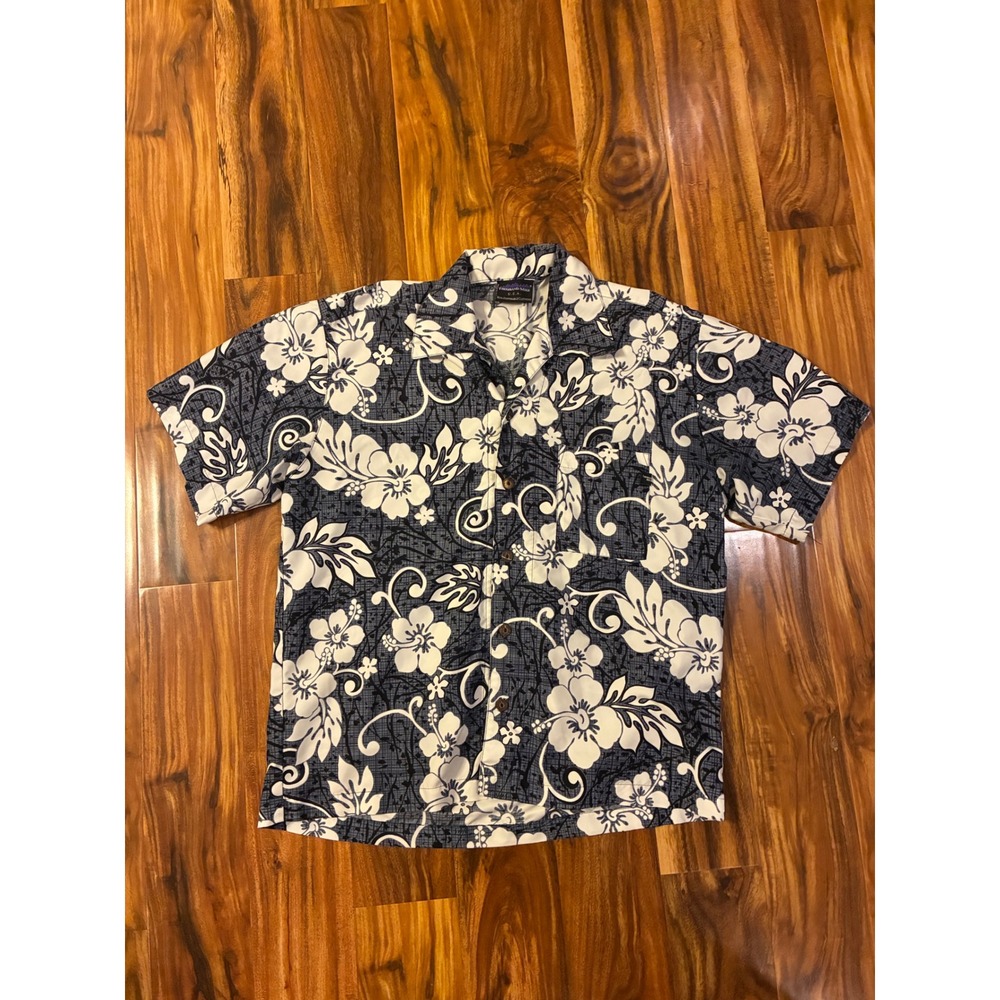 Thousand Mile USA Mens Hawaiian Shirt Navy Blue White Hibiscus Floral Print L